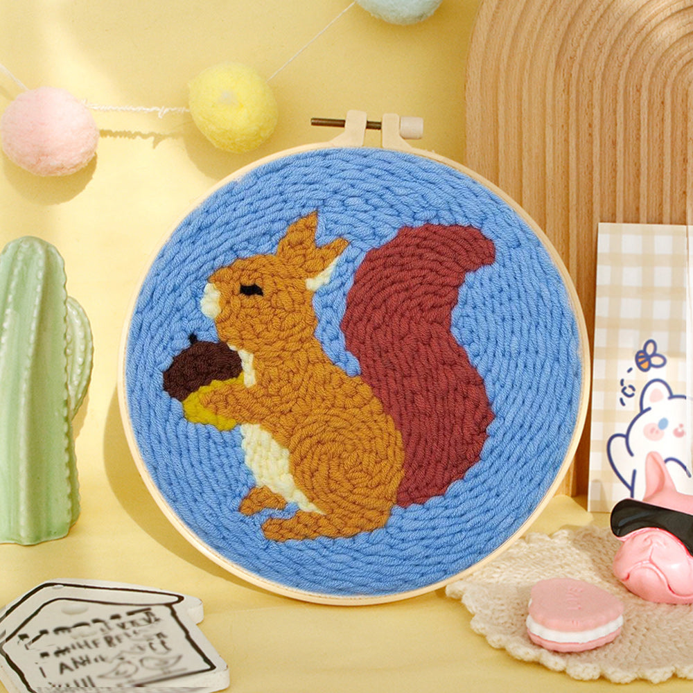 Squirrel holding a Nut Punch Needle Embroidery Kits