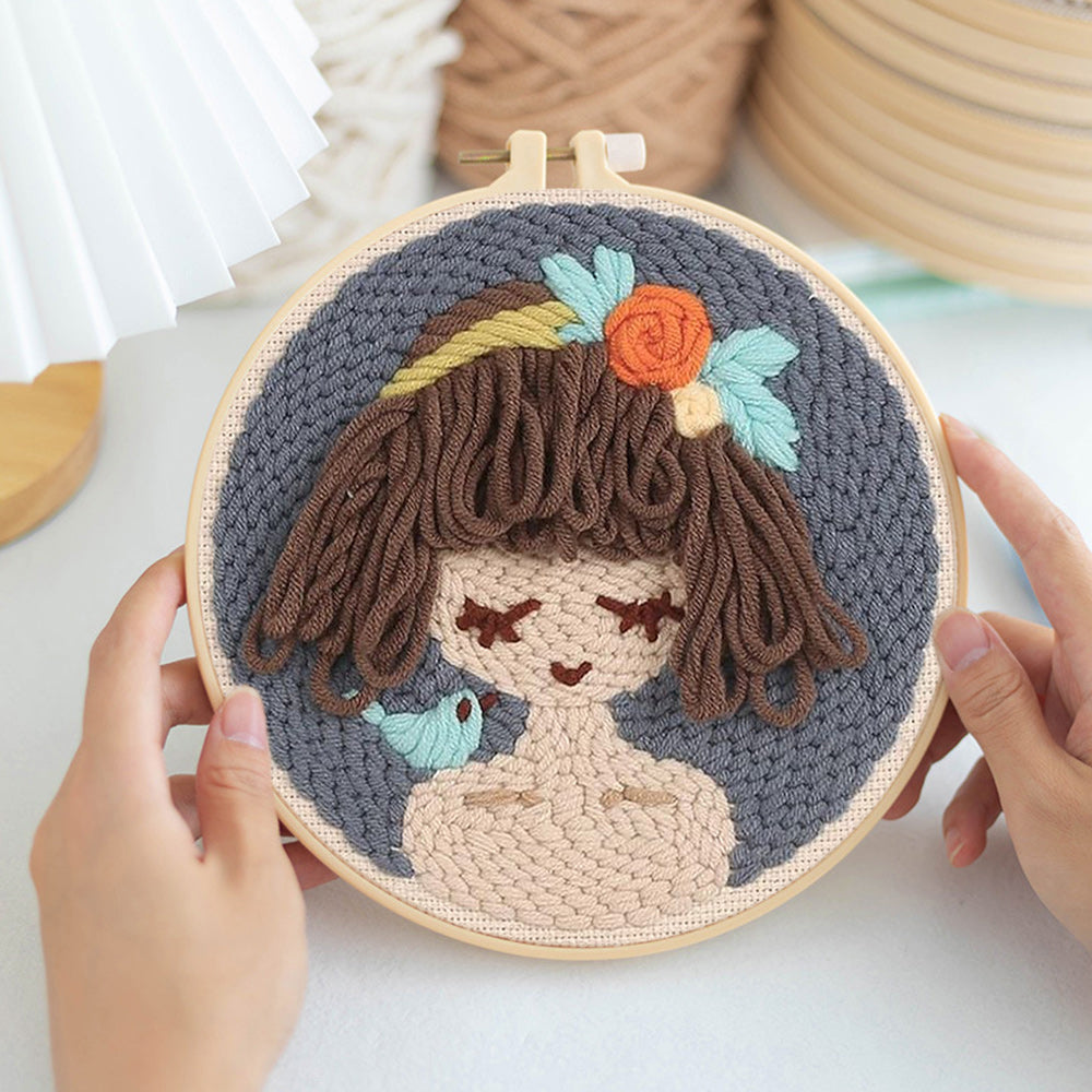 Brown-haired Girl Punch Needle Embroidery Kits