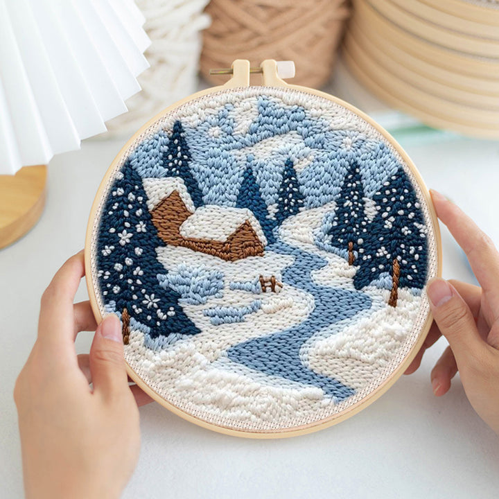 Snow Forest Cabin Punch Needle Embroidery Kits