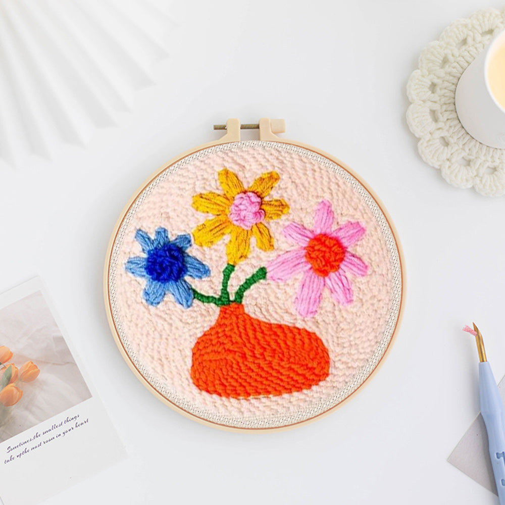 Colorful Flower Vase Punch Needle Embroidery Kits