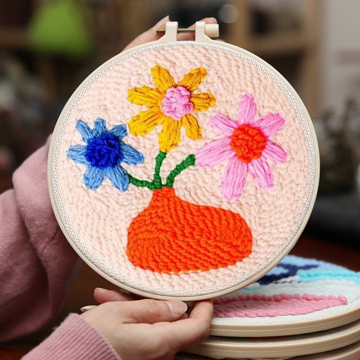 Colorful Flower Vase Punch Needle Embroidery Kits