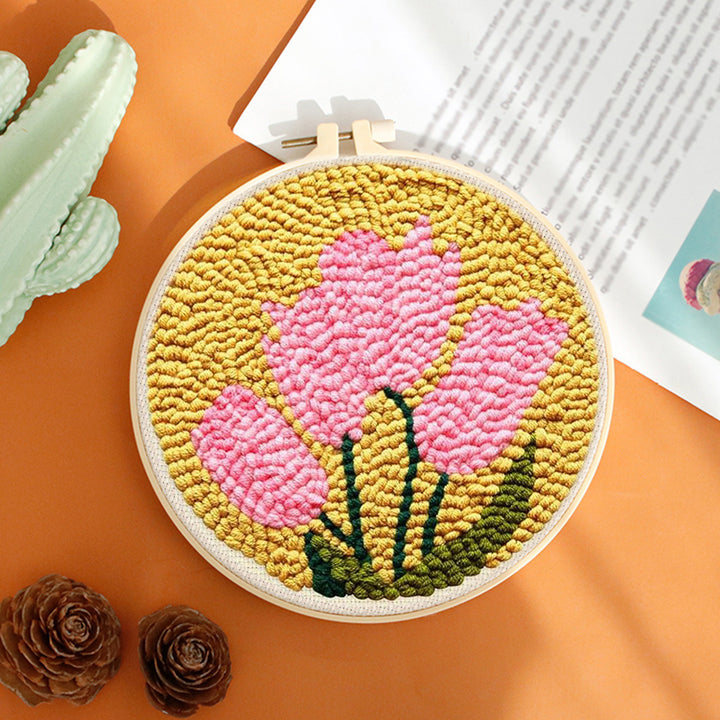 Pink Flowers on Yellow Punch Needle Embroidery Kits