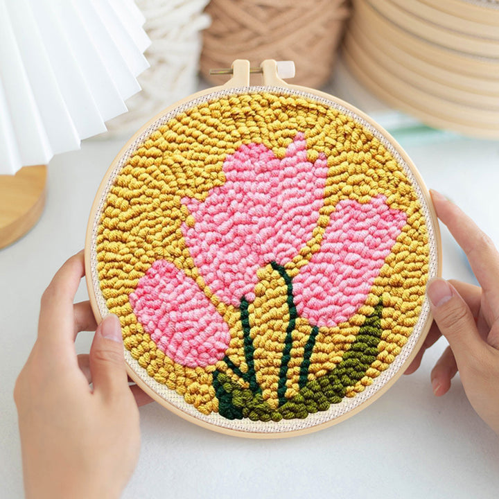 Pink Flowers on Yellow Punch Needle Embroidery Kits