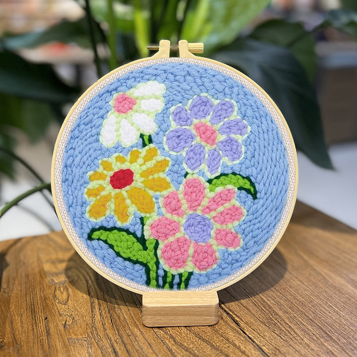 Colorful Flowers on Blue Punch Needle Embroidery Kits