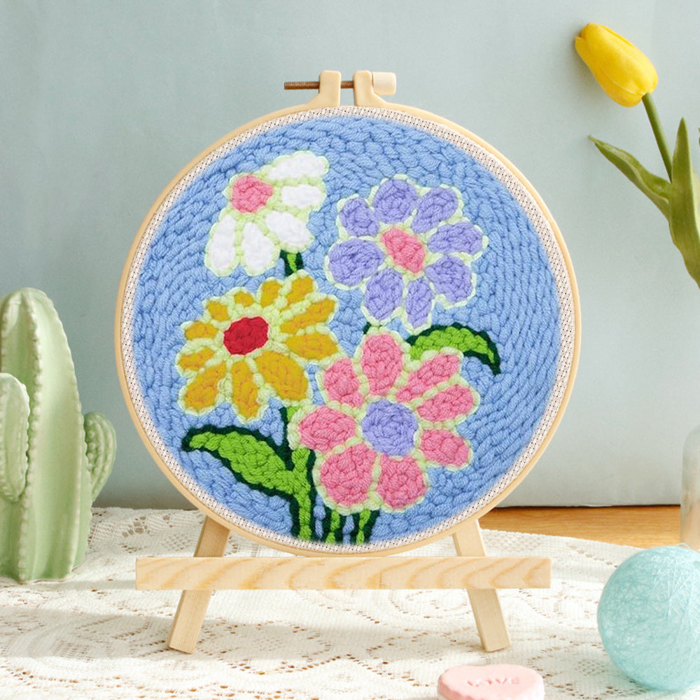 Colorful Flowers on Blue Punch Needle Embroidery Kits