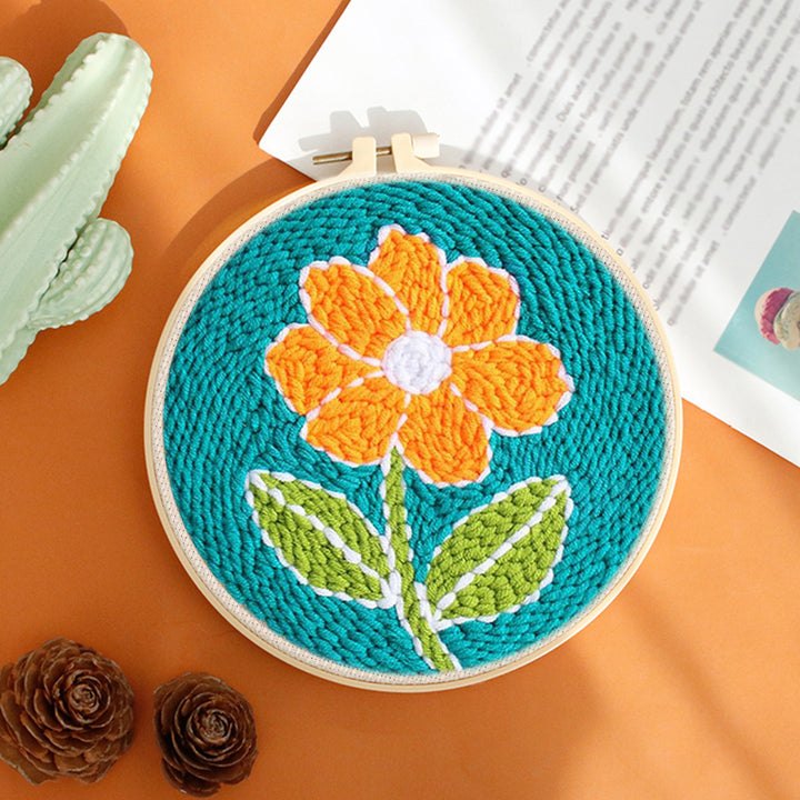 Orange Flower on Teal Punch Needle Embroidery Kits