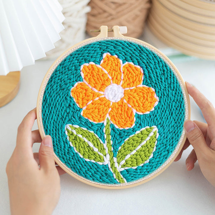 Orange Flower on Teal Punch Needle Embroidery Kits