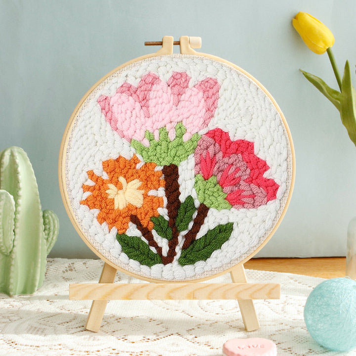 Three Colorful Flowers Punch Needle Embroidery Kits