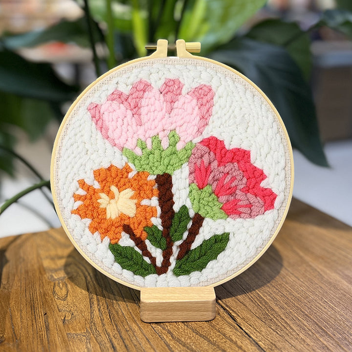 Three Colorful Flowers Punch Needle Embroidery Kits