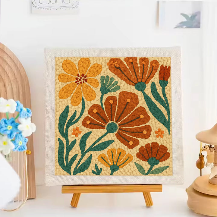 Orange Brown Floral Punch Needle Embroidery Kits