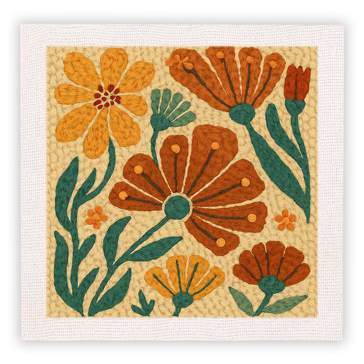 Orange Brown Floral Punch Needle Embroidery Kits