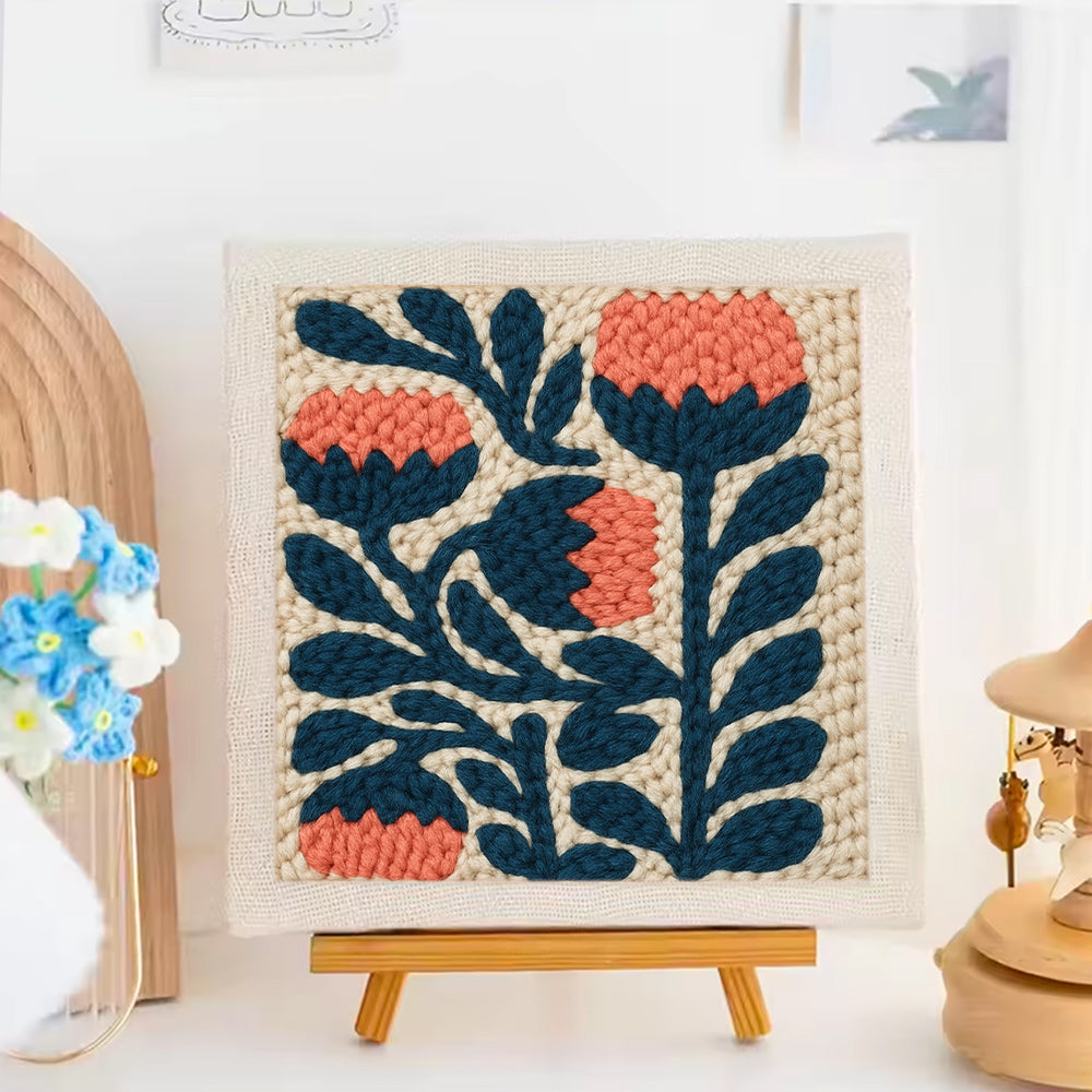 Coral Blue Floral Punch Needle Embroidery Kits