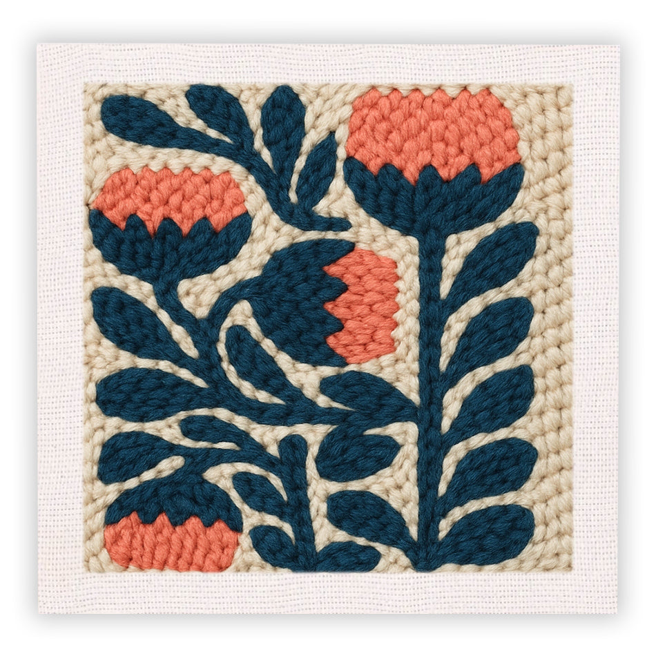 Coral Blue Floral Punch Needle Embroidery Kits