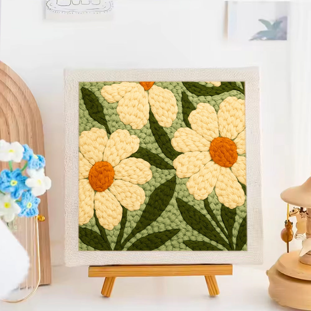 Green Background Daisy Punch Needle Embroidery Kits