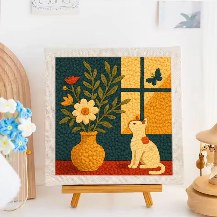 Cat and Floral Still Life Punch Needle Embroidery Kits