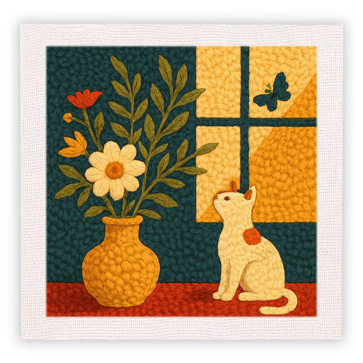 Cat and Floral Still Life Punch Needle Embroidery Kits