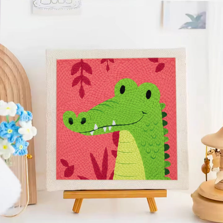 Pink Background Crocodile Punch Needle Embroidery Kits
