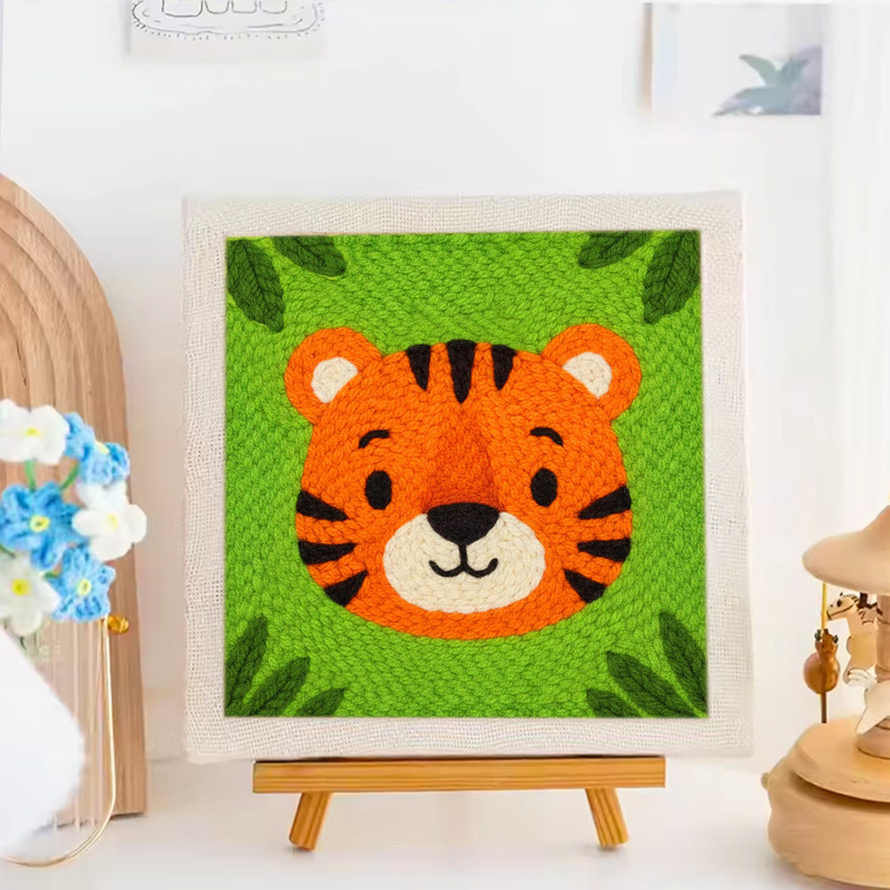Green Background Tiger Punch Needle Embroidery Kits