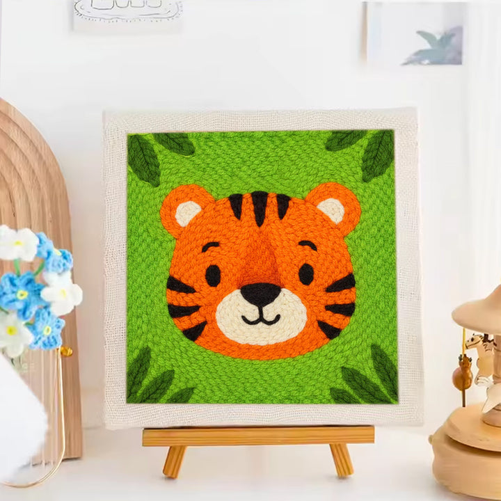 Green Background Tiger Punch Needle Embroidery Kits