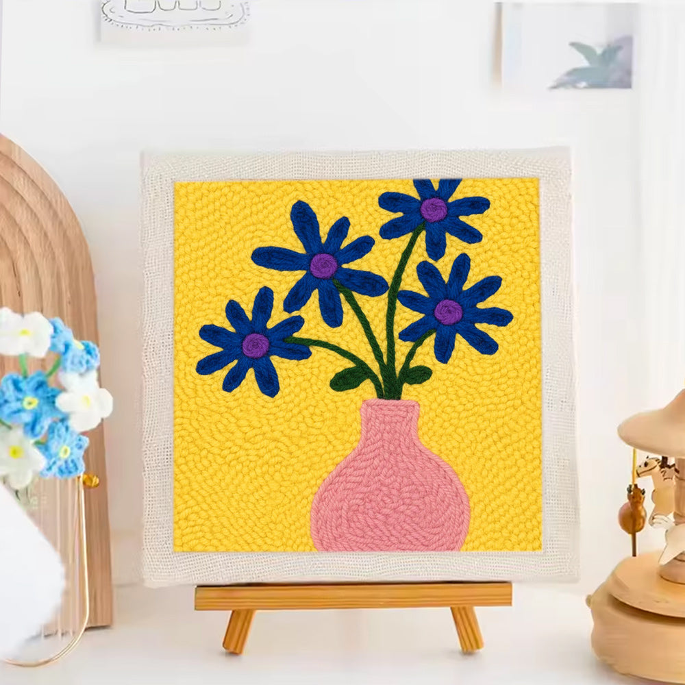 Dark Blue Flowers Punch Needle Embroidery Kits