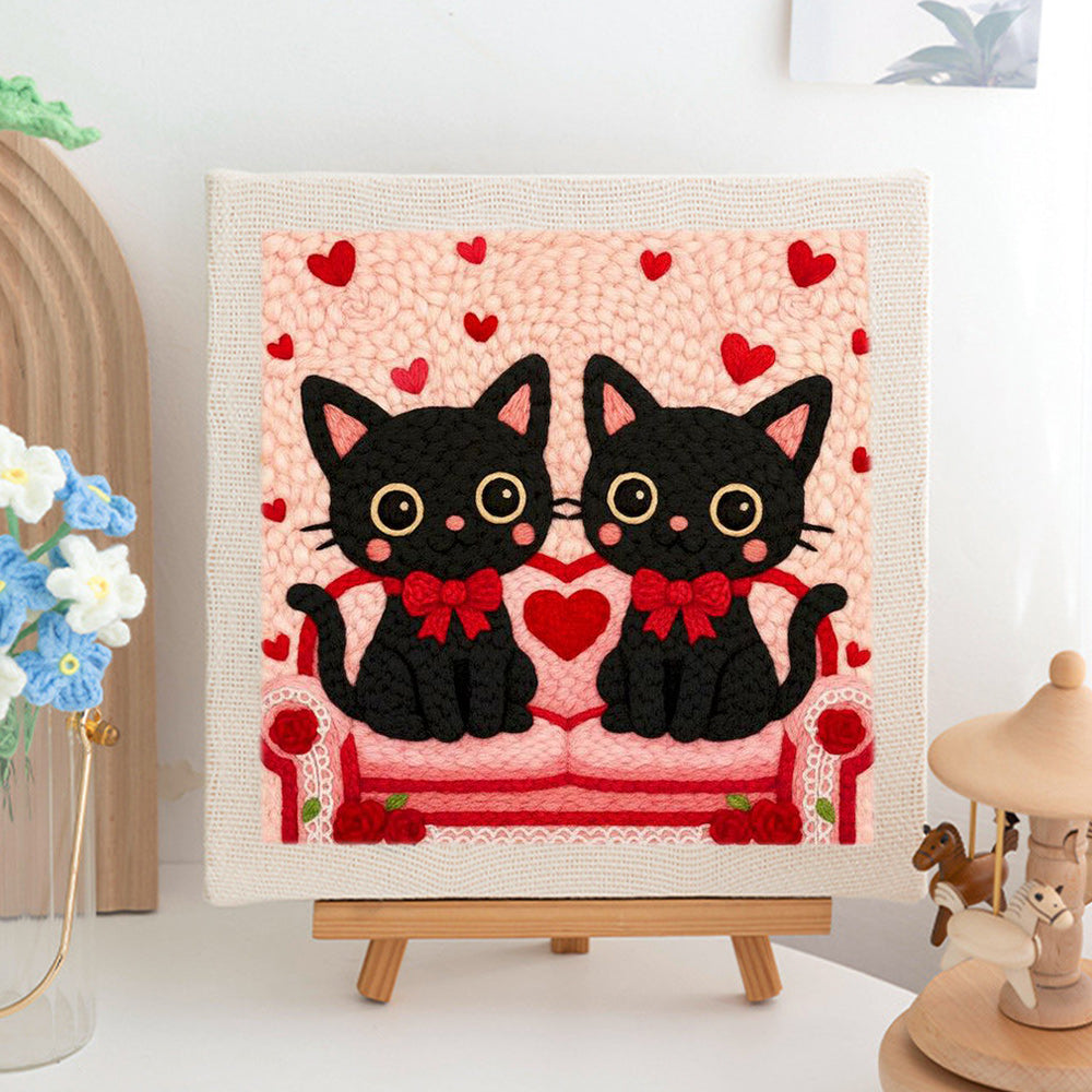 Black Cats on Love Sofa Punch Needle Embroidery Kits