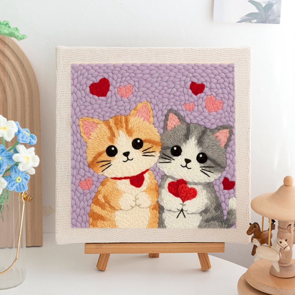 Tabby Cats with Hearts Punch Needle Embroidery Kits