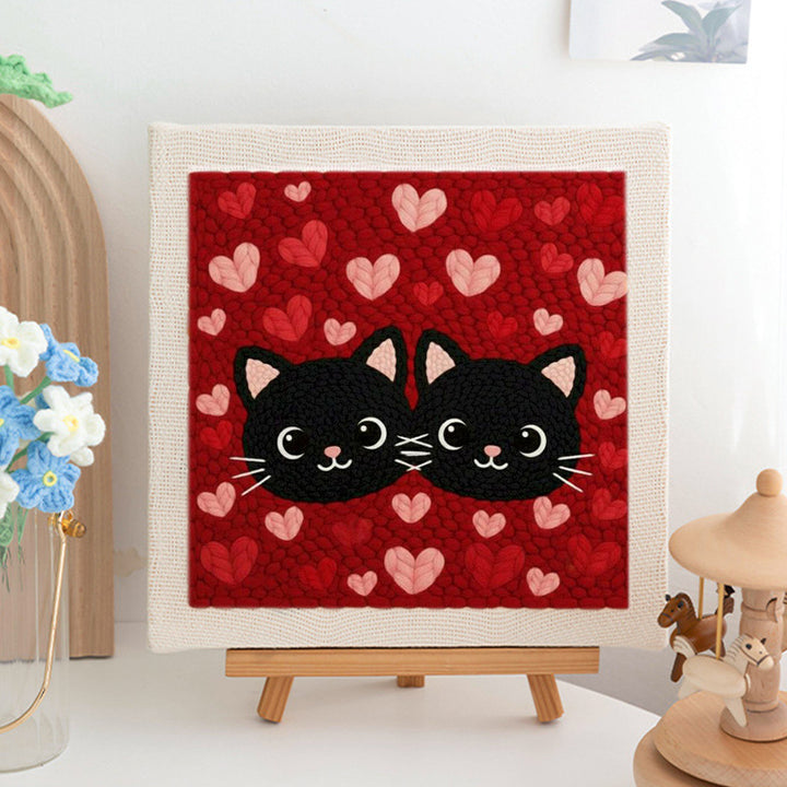 Twin Black Cats & Hearts Punch Needle Embroidery Kits