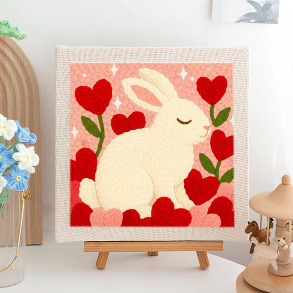 White Bunny and Heart Roses Punch Needle Embroidery Kits