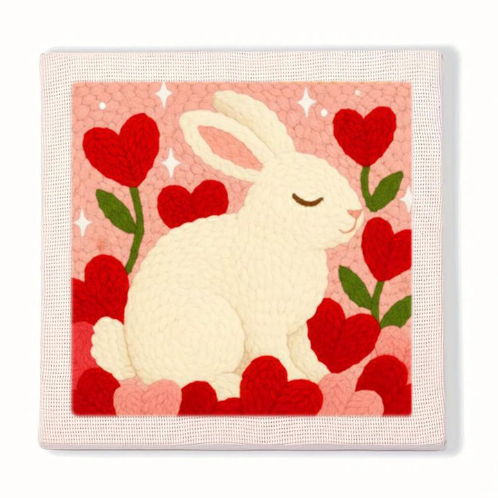 White Bunny and Heart Roses Punch Needle Embroidery Kits