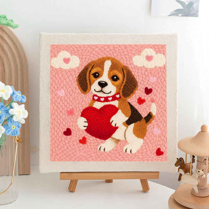 Beagle Holding Red Heart Punch Needle Embroidery Kits