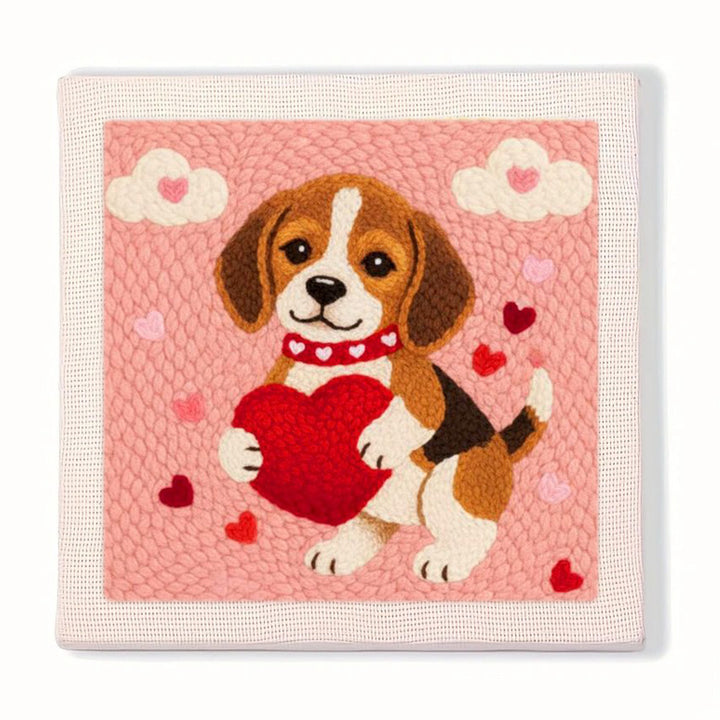 Beagle Holding Red Heart Punch Needle Embroidery Kits