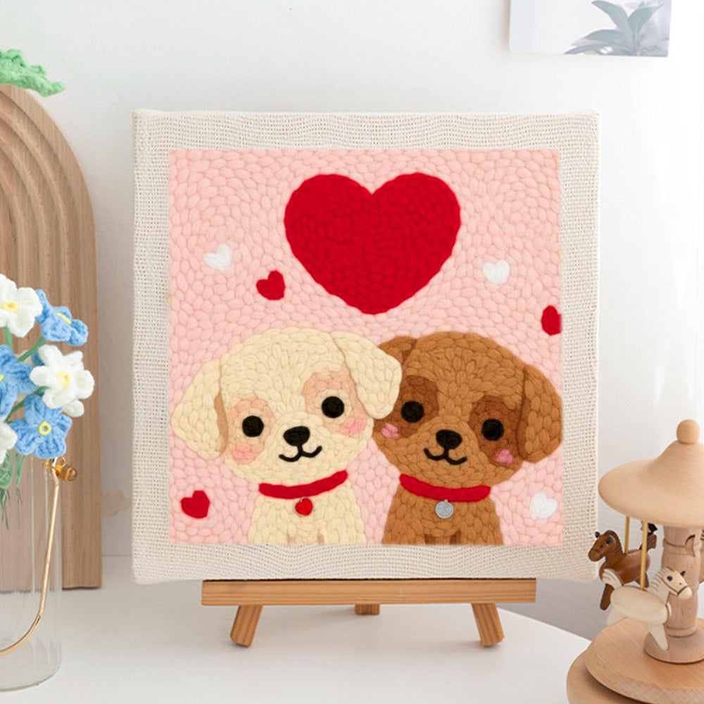 Puppies with Big Red Heart Punch Needle Embroidery Kits