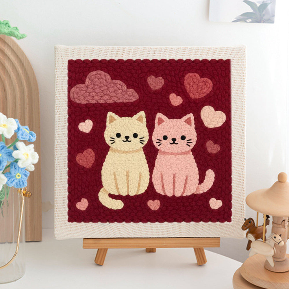 Cream & Pink Cats Punch Needle Embroidery Kits