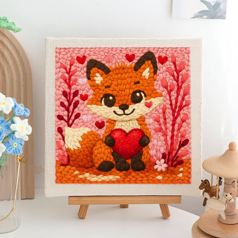 Fox Holding Red Heart Punch Needle Embroidery Kits