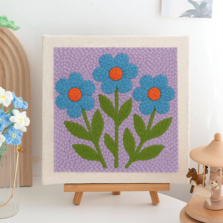 Blue Flowers on Purple Punch Needle Embroidery Kits