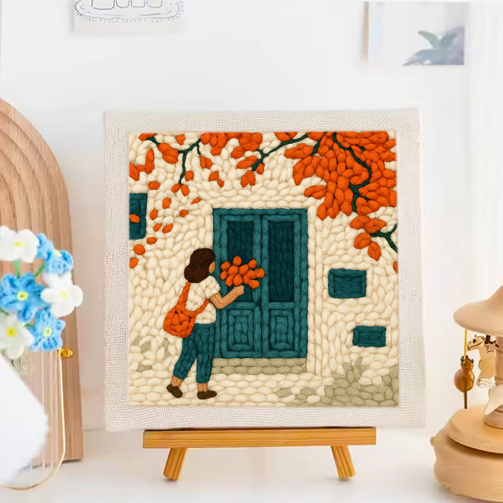 Woman with Flowers at Door Punch Needle Embroidery Kits