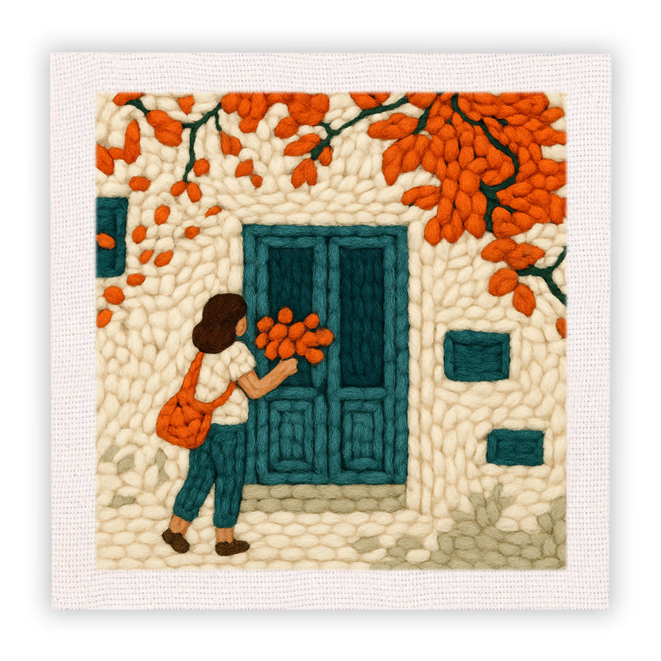 Woman with Flowers at Door Punch Needle Embroidery Kits