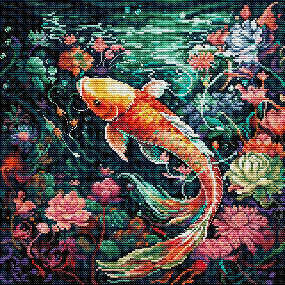 Flowers And Koi in Green Lake Cross Stitch Kits