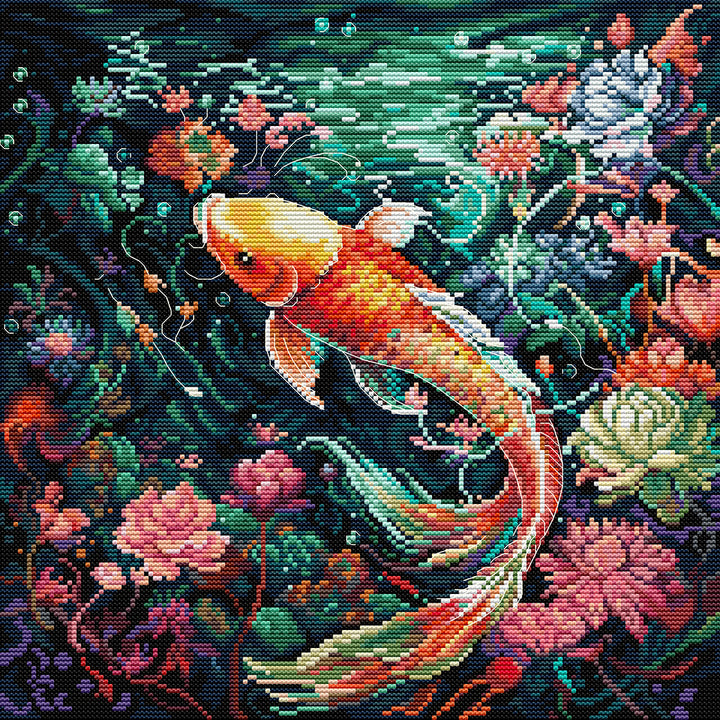 Flowers And Koi in Green Lake Cross Stitch Kits