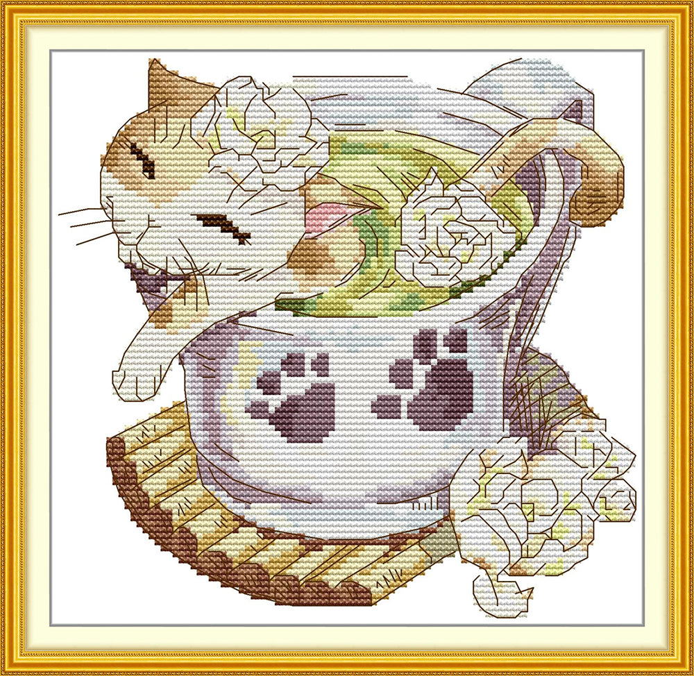 Cat in a teacup Cross Stitch Kits