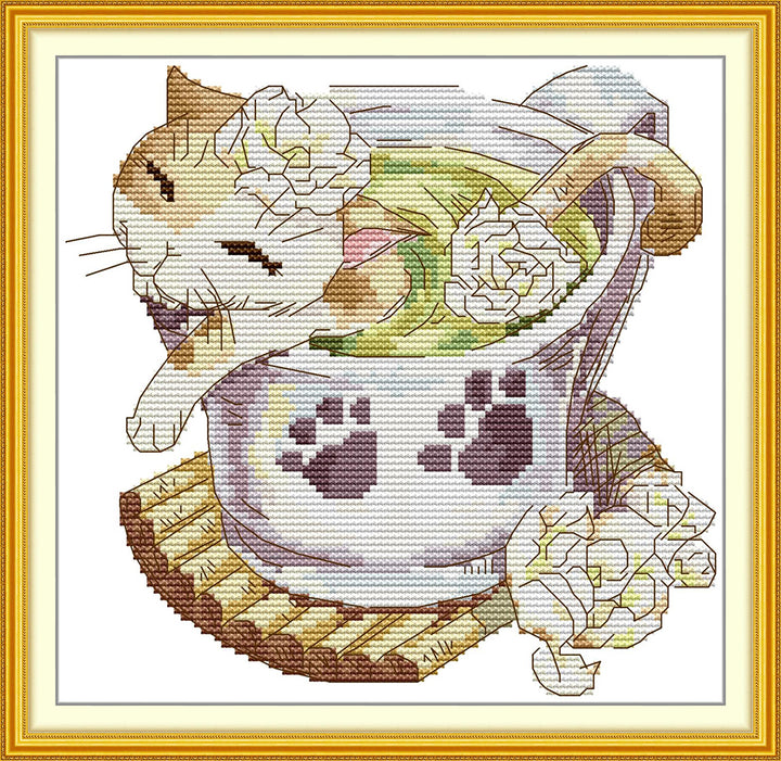 Cat in a teacup Cross Stitch Kits