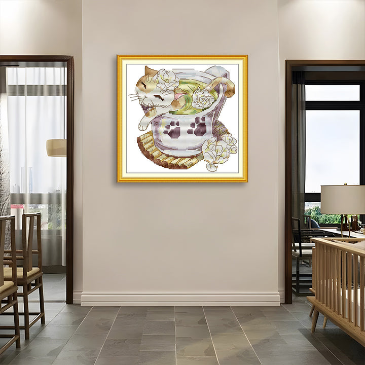 Cat in a teacup Cross Stitch Kits
