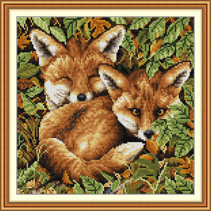 Two Foxes Surrounded by Leaves Cross Stitch Kits