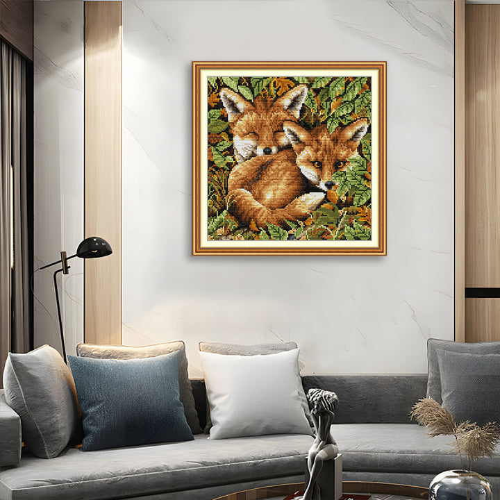 Two Foxes Surrounded by Leaves Cross Stitch Kits