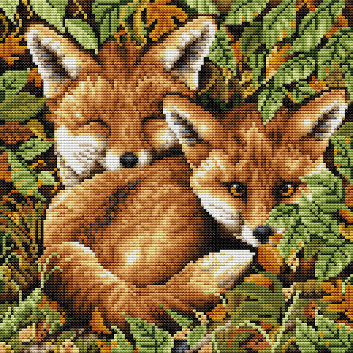 Two Foxes Surrounded by Leaves Cross Stitch Kits