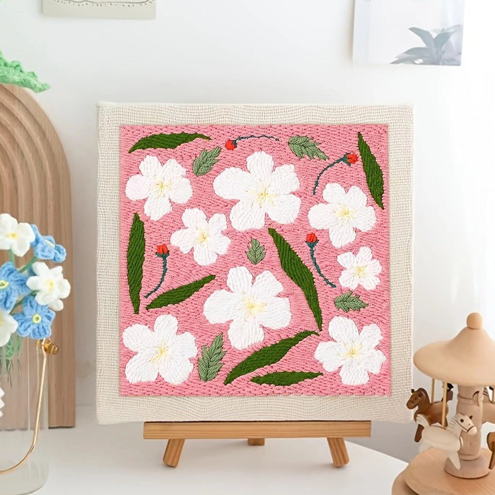 Pink Backdrop White Blooms Punch Needle Embroidery Kits