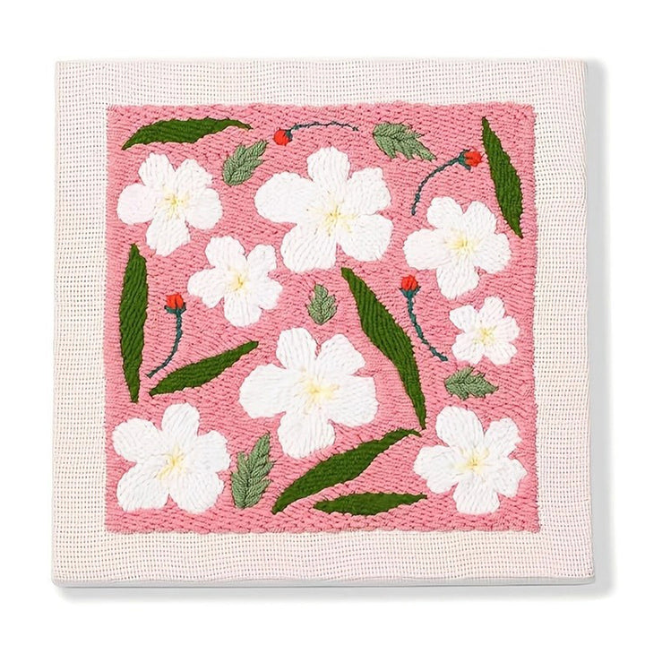 Pink Backdrop White Blooms Punch Needle Embroidery Kits