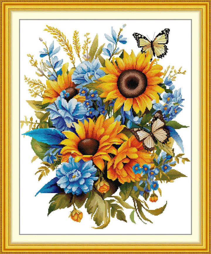 Cluster of Sunflowers with Blue Flowers Cross Stitch Kits