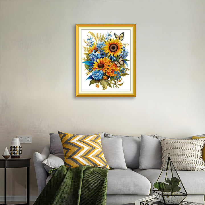 Cluster of Sunflowers with Blue Flowers Cross Stitch Kits