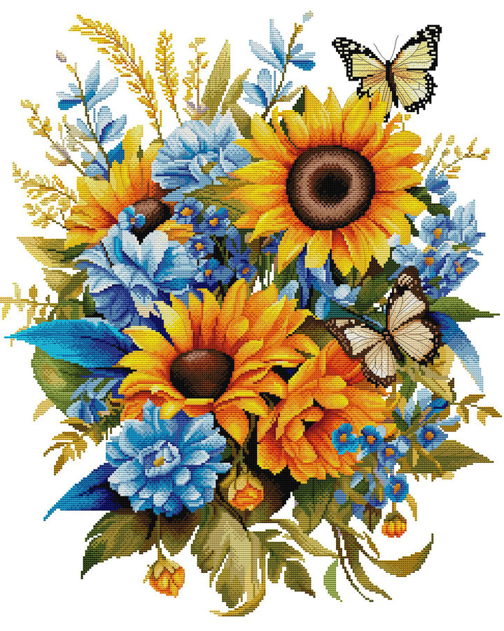 Cluster of Sunflowers with Blue Flowers Cross Stitch Kits